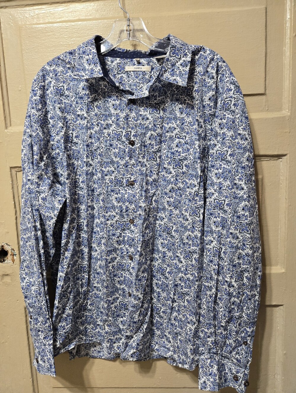 Moda Campia Moda 100% Cotton Blue White Paisley Floral Long Sleeve Button Down
